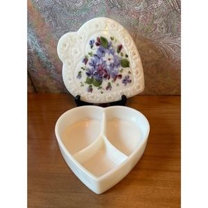 Vintage milkglass divided lidded heart shaped trinket dish hand-painted flowers